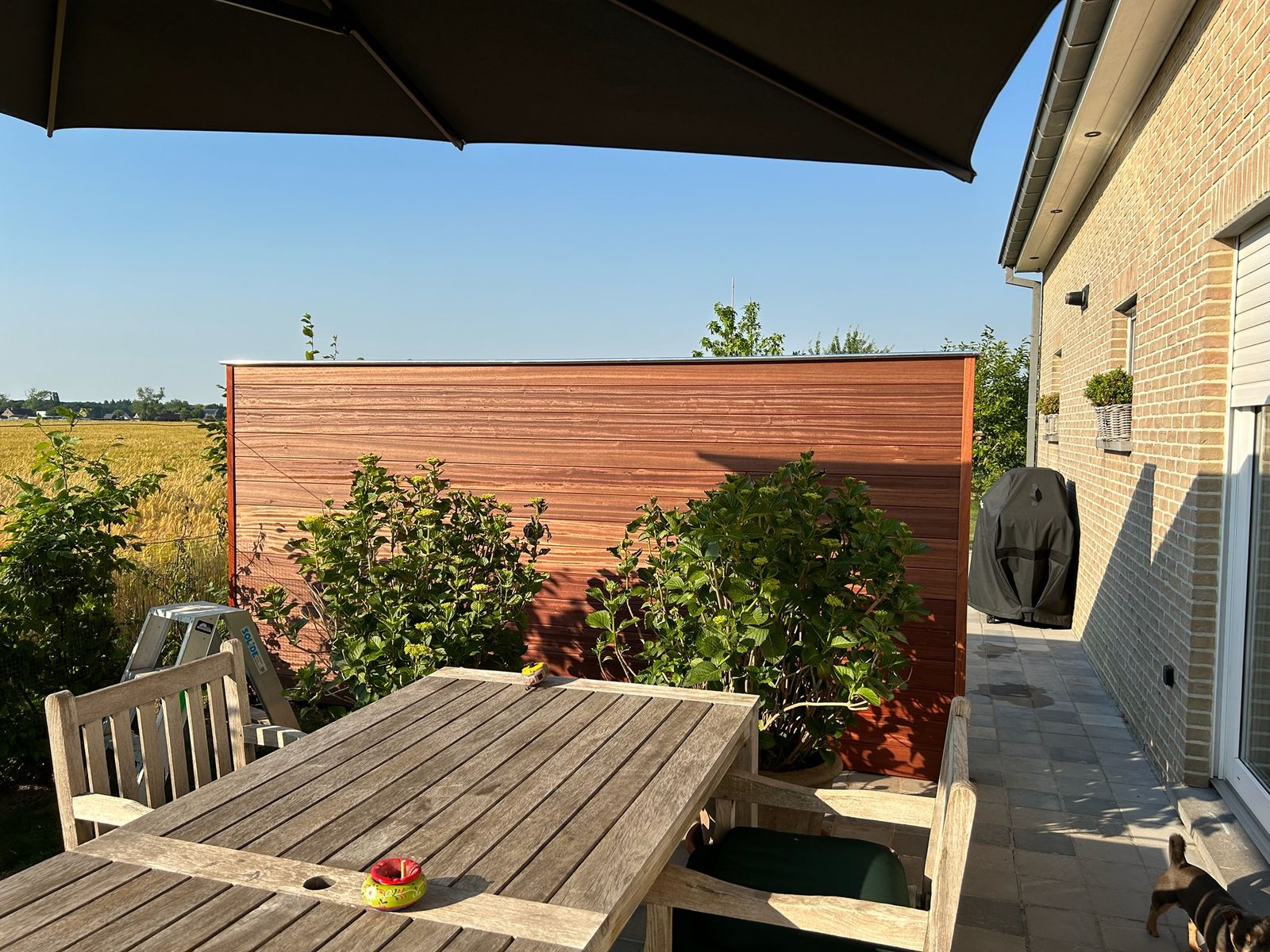 Hardhouten tuinscherm achter een tuinterras met tafel en planten in Lotenhulle.