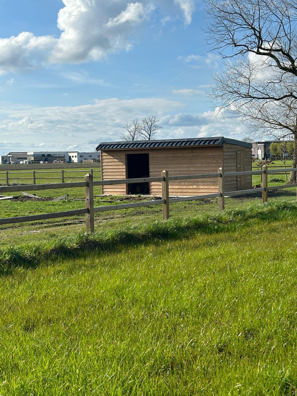 Houten stal achter een houten omheining in een groene weide in Lotenhulle.
