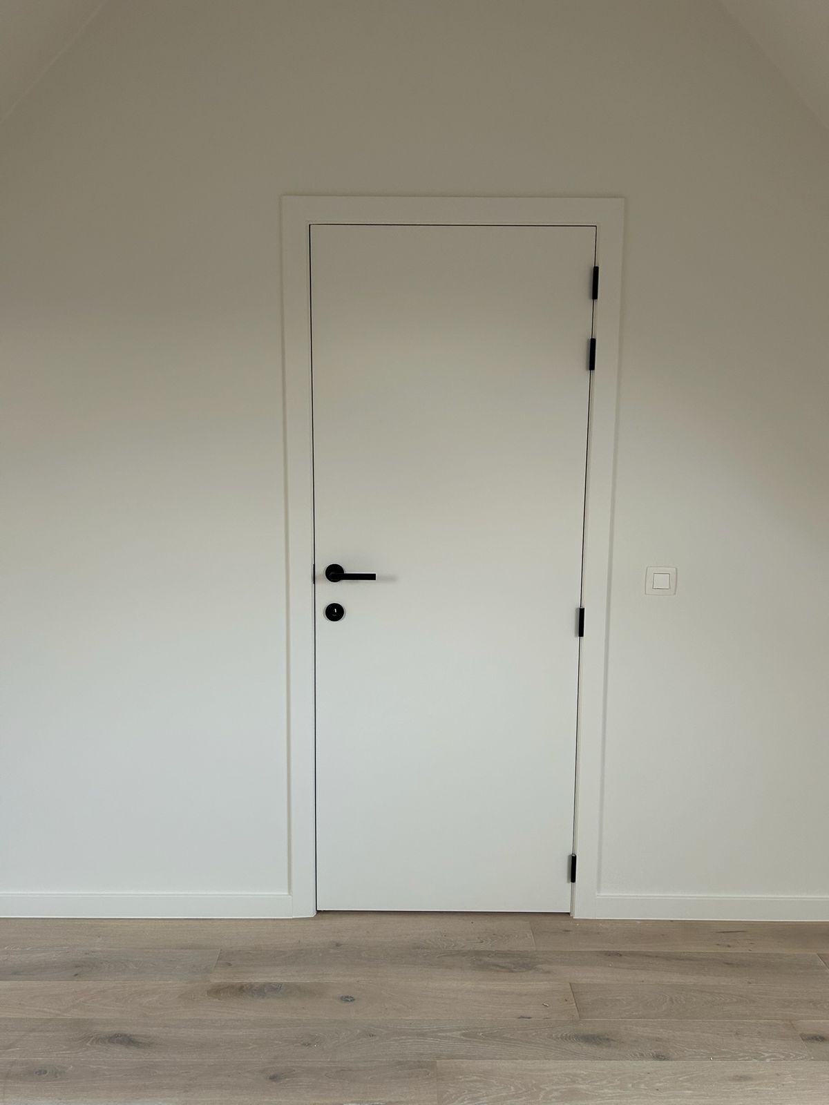 Witte binnendeur met zwarte klink en scharnieren in een lichte kamer in De Pinte.